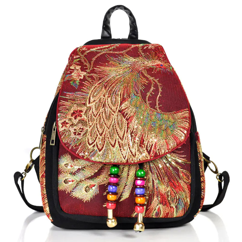 Retro Ethnic Embroidered Peacock Backpack - Travalto