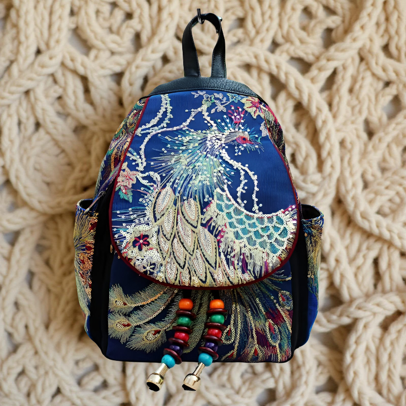 Retro Ethnic Embroidered Peacock Backpack - Travalto