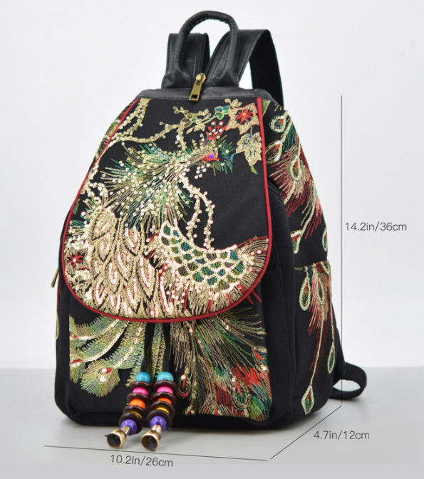 Retro Ethnic Embroidered Peacock Backpack - Travalto